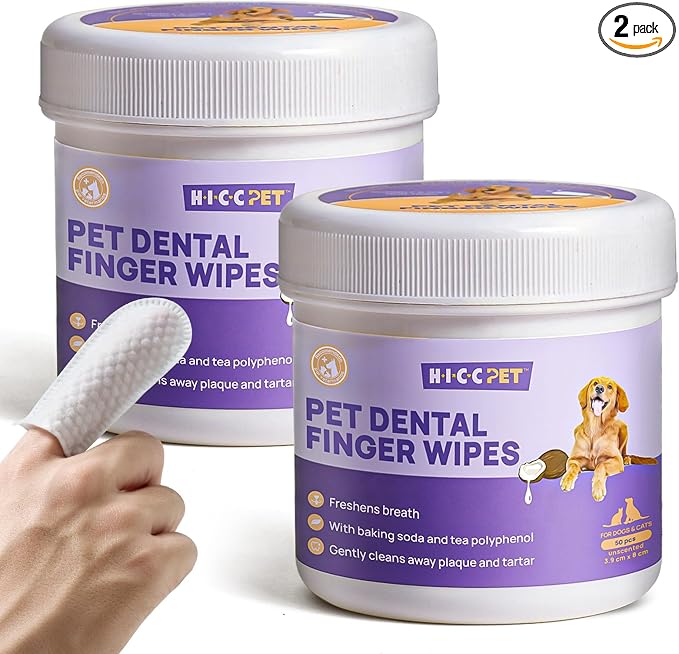 HICC PET Teeth Cleaning Wipes for Dogs & Cats, Vet-Recommended Remove Bad Breath & Plaque & Tartar Buildup Dog Finger Toothbrush Wipes, Dog Tooth Brushing Kit Remove Stain & Gum Care for Small Animal