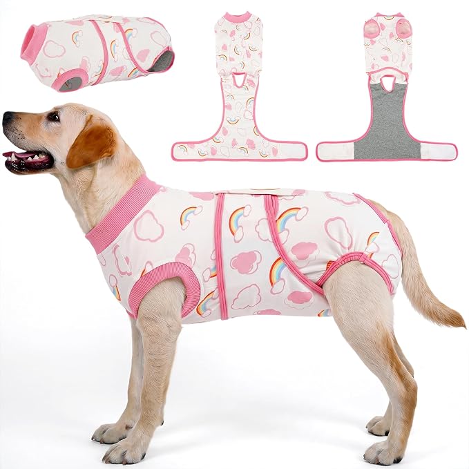 Kuoser Dog Surgery Recovery Suit, Soft Breathable Dog Recovery Suit for Female Spay Male Nueuter, Anti Licking Puppy Onesie Pet Surgical Suit for Dogs Abdominal Wounds Skin Disease, Rainbow XL