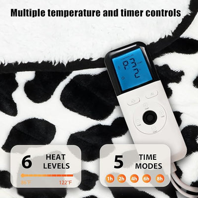 Heated Wearable Shawl 33x59 Inch, 6 Heating Levels & 5 Timer Settings, Soft Sherpa to Fleece, UL Certified with Auto Shut Off, Machine Washable Gift for Christmas Home Office (CowPrint)