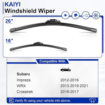 KAIYI 26" + 16" Windshield Wipers Compatible with Subaru Impreza 2012-2016,WRX 2013-2019 2021,Crosstrek 2016-2017 Premium Automotive Replacement Windshield Wiper Blades 2 Pack