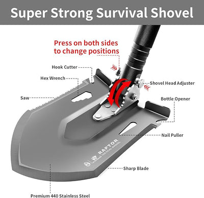 HX OUTDOORS Survival Tactical Shovel 180°Adjustable Head Multi-Tool Shovel | 440 Stainless Steel Heavy Duty Shovel with Anti-Loosening Spring Lock,For Off-road Recovery,Snow,Emergency