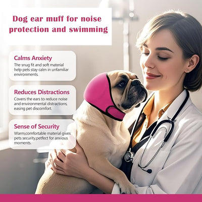 Dog Ear Cover for Bath and Swimming, Dog Ear Muff for Noise Protection, Waterproof Dogs Ear Wrap Shower Swim Cap, Breathable & Adjustable Quiet Ear for Dogs Anxiety Relief Calming Hood (Rose red, L)