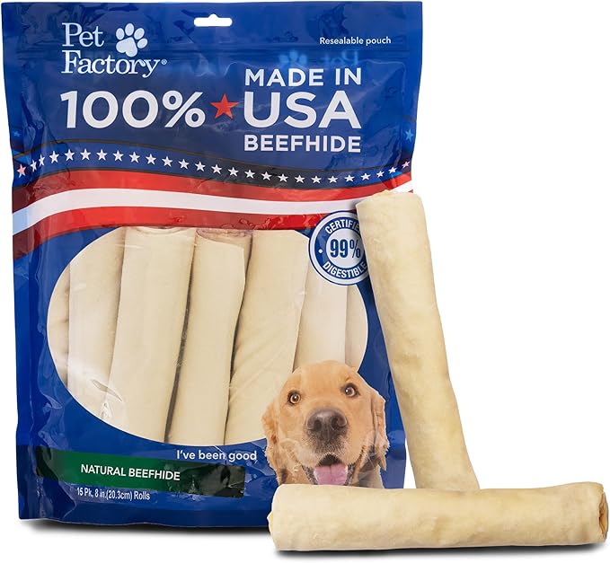 100% Made in USA Beefhide 8" Rolls Dog Chew Treats - Natural Flavor, 15 Count/1 Pack