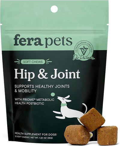 Fera Pets Hip & Joint Supplement for Dogs with Glucosamine, MSM, Chondroitin, & Green Lipped Mussel - Supports Healthy Joints and Weight Management - 10 Soft Chews