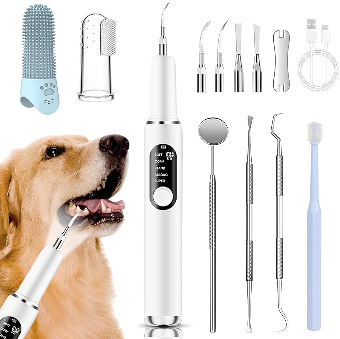 Plaque Remover for Teeth, Ultrasonic Dental Cleaner for Dogs - Tartar Stain | Safe Pet Dental Care Tool with LED Light, 5 Modes, 4 Heads, IPX6 Waterproof Rechargeable for Dogs and Cats, Personal (White)
