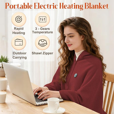 USB Portable Heated Electric Blanket - Cordless Heated Throw Blanket for Outdoor with 3 Heating Levels-Wearable Shawl for Travel,Camping,Bed-Winter Gifts for Women(Battery Not Included) (Dark Red)