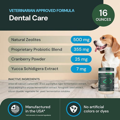 VETRISCIENCE Dental Care Powder - Dental Supplement Powder for Dogs & Cats - Supports Breath Freshening - Healthy Teeth & Gums - Easy-to-Use Oral Hygiene for Pets - 16 oz