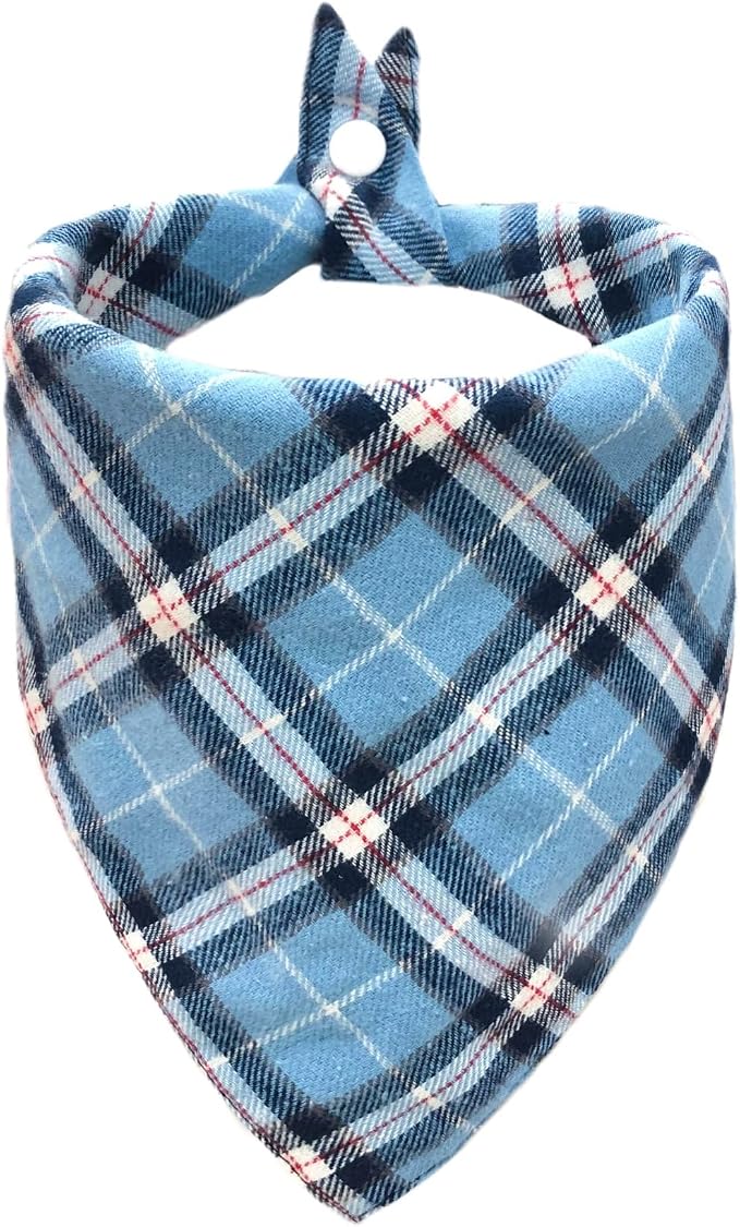 Blue & White Classic Plaid Dog Bandana - Adjustable Triangular Scarf for Pets, Cat Bandana, Soft Cotton Blend, Medium