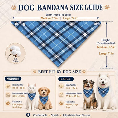 Blue & White Classic Plaid Dog Bandana - Adjustable Triangular Scarf for Pets, Cat Bandana, Soft Cotton Blend, Medium