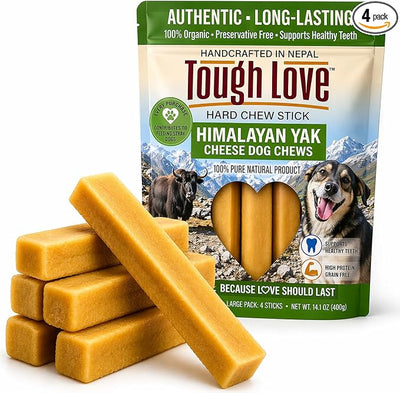 Tough Love Himalayan Yak Cheese Dog Chews -100% Natural, Long-Lasting, Odor-Free – Protein Rich & No Preservatives – Zero Waste Sticks for Health-Conscious Dog Parents (Large (4 Sticks))