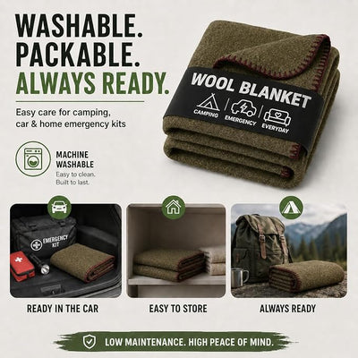 Wool Camping Blanket – 70% Wool Heavy-Duty Military Style Throw, Warm & Washable, Fire Retardant Cover for Emergency, Survival & Outdoor Use – Perfect for Camping, Car, Home & Hiking, Olive 62x84