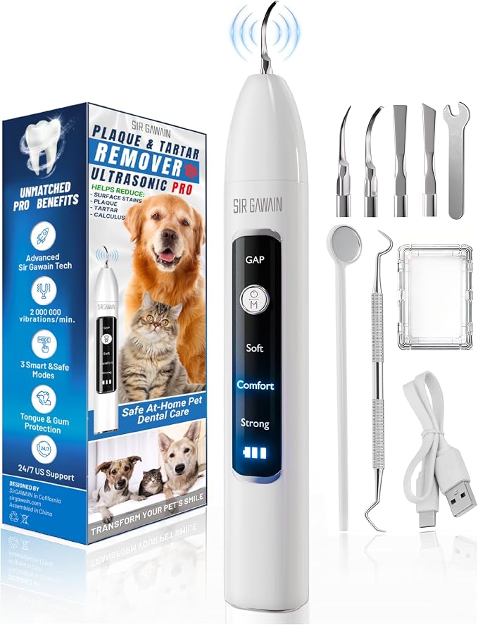 Pet Ultrasonic Dental Cleaner — Plaque, Tartar & Stains Remover, 4 Tips, 3 Modes, LED, Contact-Activated & Smart Touch Protection, Complete Cleaning Kit for Dogs & Cats