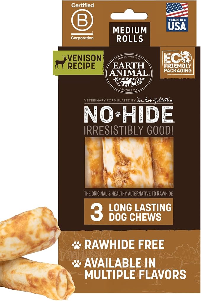 No Hide Chews - Long Lasting Rawhide Free Medium Dog Chews Rolls, Venison - 3 Count Value Pack