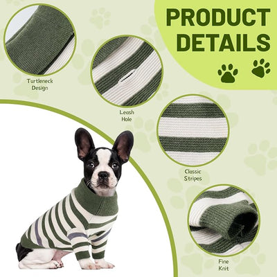 Small Dog Sweater, Knitted Striped Pullover Dog Clothes, Indoor Cozy Stretchy Pajamas for Chihuahua, Bulldog, Dachshund, Pug(Green&White Strip, XL)