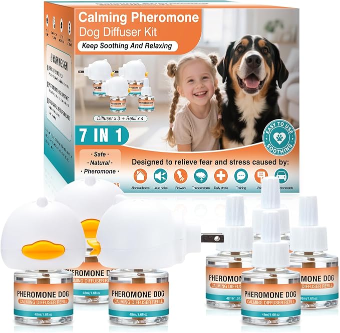 Dog Calming Pheromones Diffuser to Calm Pet 7 In 1 Advanced Kit Appeasing Pheromone Diffuser for Anxiety Relief (3 Plug in+4 Pack 48ml Refill) Reduce Aggression Fighting Barking Stress (Tasteless)