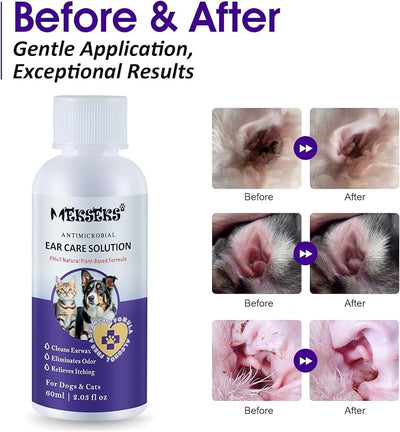 Dog Ear Cleansing Solution Ear Infection Treatment Drops for Dogs Cats Ear Cleaner Wash, Relieves Itchy Ears Redness, Removes Earwax Debris Odor, Gentle Natural 2.03 fl oz