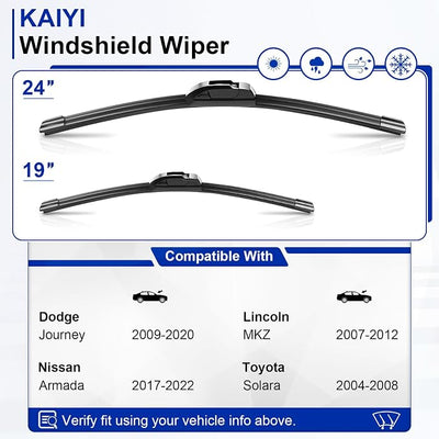 KAIYI 24" + 19" Windshield Wipers Compatible with Dodge Journey 2009-2020,Nissan Armada 2017-2022,Lincoln MKZ 2007-2012 Premium Automotive Replacement Windshield Wiper Blades 2 Pack