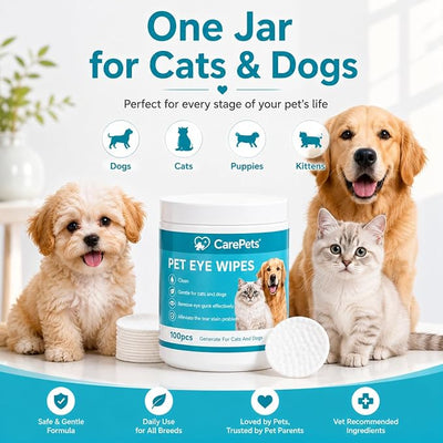 Eye Wipes, 100 Count Pet Tear Stain Cleaning Pads for Dogs and Cats, Gentle Textured Eye Area Wipes with Aloe Vera and Chamomile, Fragrance Free (3) | Gentle Textured Eye Wipes