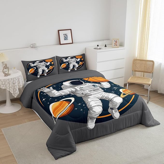Erosebridal Boys Astronaut Bedding Set Twin Size, Kids Outer Space Comforter Set for Bedroom, Galaxy Solar System Quilted Duvet for Children Girls Teens, Starry Sky Down Comforter, Gray White