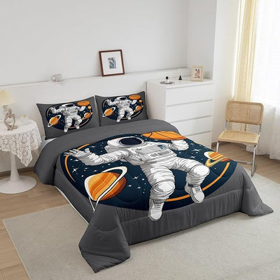 Erosebridal Boys Astronaut Bedding Set Twin Size, Kids Outer Space Comforter Set for Bedroom, Galaxy Solar System Quilted Duvet for Children Girls Teens, Starry Sky Down Comforter, Gray White