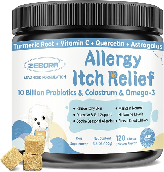 Dog Allergy Chews, Support Seasonal Allergies & Itch Relief, Probiotics + Omega-3 + Colostrum - for Gut & Immune Health, 120 Freeze Dried Chews
