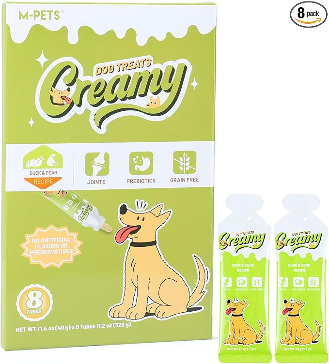 M-PETS Creamy Lickable Dog Treats, Duck Flavor, 8 Tubes Squeeze Up Soft Dog Snacks for Puppies & Seniors, Reward Training or Food Topper,Low-Calorie Grain Free Puree for Joint & Digestive Health