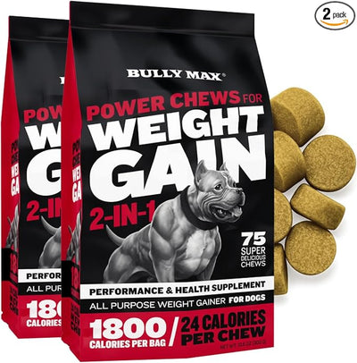 Bully Max Weight Gainer Dog Chews for Puppies and Adult Dogs - High Calorie Dog Food Treats Performance Supplement for Healthy Weight Gain, Immunity & Digestion - 75 Soft Chews for All Breeds, 2 Packs