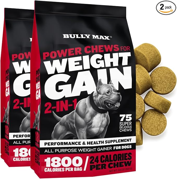 Weight Gainer Dog Chews for Puppies and Adult Dogs - High Calorie Dog Food Treats Performance Supplement for Healthy Weight Gain, Immunity & Digestion - 75 Soft Chews for All Breeds, 2 Packs
