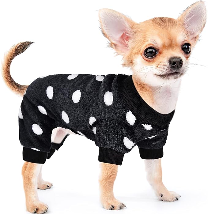 Chihuahua Pajamas for Dogs Small Puppy Pjs Fleece Winter Warm Dog Jumpsuit Cute Pet Clothes Tiny Dog Sweater Clothing Yorkie Teacup Outfits (Polka Dot Black, Small)