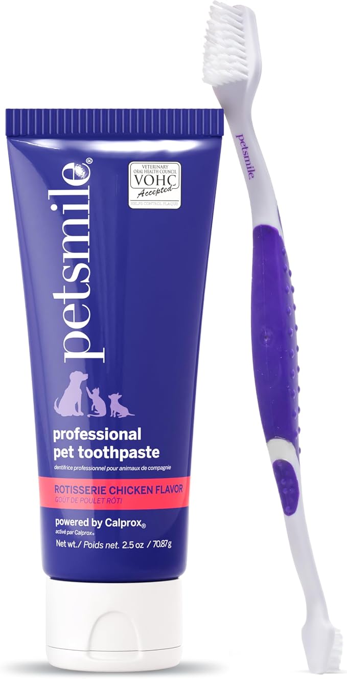 Professional Pet Teeth Brushing Kit for Cats & Dogs - VOHC Accepted Toothpaste & Patented Toothbrush - Proven to Control Plaque & Tartar Calprox Formula (Rotisserie Chicken, 2.5 Oz)
