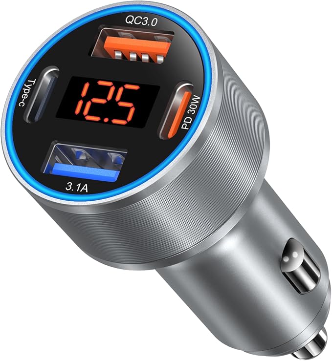 Car Charger USB C, 65W Dual 12V Car USB Charger Multiport with Voltage Display PD/QC 3.0 Super Fast Charge Cigarette Lighter Adapter for iPhone 17 16 15 14 13 12 Pad Pro Air(Gray)