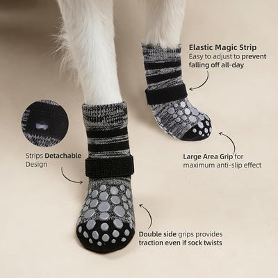PUPTECK Anti-Slip Dog Socks with Double Sides for Small Medium Large Dogs Hardwood Floors Prevents Licking, Dog Shoes for Hot Pavement Traction Control Paw Protector for Senior Dogs, Striped Black L