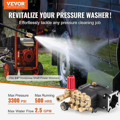 VEVOR Pressure Washer Pump, 3/4" Shaft Horizontal Triplex Plunger, 3300 PSI, 2.5GPM, Replacement Power Washer Pumps Kit with 5 Nozzles, Compatible with Simpson MorFlex 40224, 40225, 40226, Santoprene