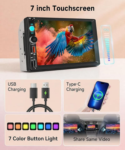 7 Inch Double Din Car Stereo, Wireless CarPlay Android Auto, 2 Din Touch Screen Radio, Bluetooth Stereo, AHD Backup Camera, Mirror Link, FM EQ SWC, Type-C USB Fast Charging, Online Video Playback