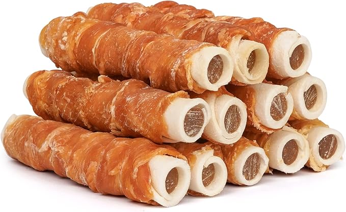 Dog Treats 5 Inch Chicken Wrapped Stuffed Rawhide Rolls with Beef and Chicken Liver, Rawhide Chews for Medium Dogs, 21.2 oz (12 Count)