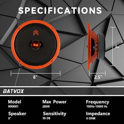 MX80E1 Loudspeaker 8 Inch Midrange 560 Watts 6 Ohms Orange Bullet, Premium Quality Audio Door Speakers for Car or Truck Stereo Sound System, Orange (2 Speakers)