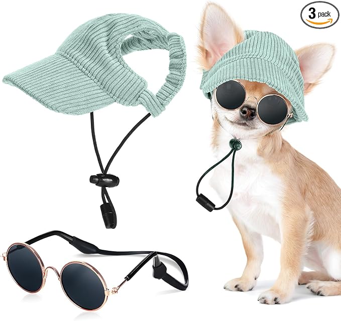 Jadive Small Dog Sun Hat with Ear Holes, Dog Cat Sunglasses with Anti-Slip Silicone Rope Baseball Cap Adjustable Puppy Sunbonnet Headdress Beach Visor Hat for Puppies Summer Outdoor(Green)