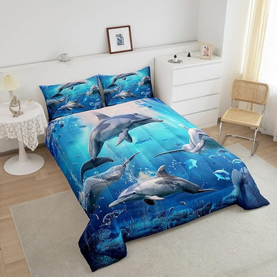 Dolphin Comforter Set King Size 3D Marine Animals Duvet Insert for Kid Teen Boys Girls Blue Ocean Down Comforter for Adult Bedroom Decor 3-Pieces Bedding Comforters with 2 Pillow Cases,Soft