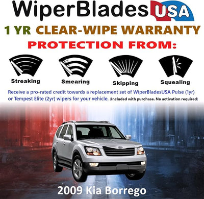 WiperBladesUSA Wiper Blades Set w/ 1yr warranty compatible with Kia Borrego 2009 Wipers (Set of 3) w/Rear Wiper Pulse Wipers