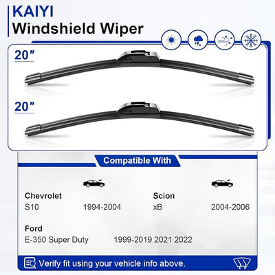 KAIYI 20" + 20" Windshield Wipers Compatible with Chevrolet S10 1994-2004,Ford E-350 Super Duty 1999-2019 2021 2022,Scion xB 2004-2006 Premium Automotive Replacement Windshield Wiper Blades 2 Pack