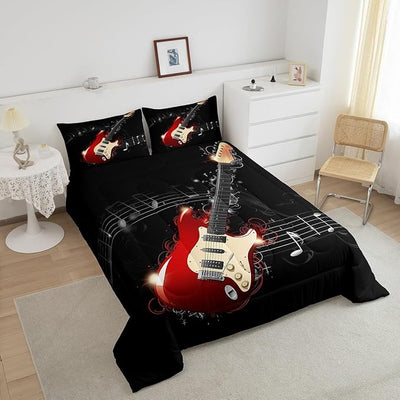 Erosebridal Guitar Comforter Set, Teens Musical Note Duvet Sets Full Size, Music Themed Hip Hop Bedding Set for Kids Boys Youth Adult, Black Lightweight Luxury Down Comforter with 2 Pillow Cases