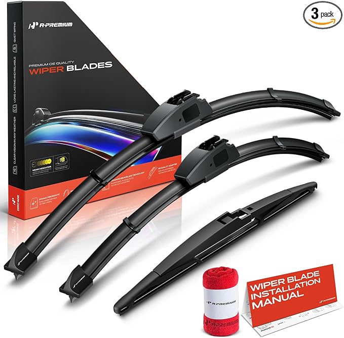 A-Premium 24"+14"+12" Windshield Wiper Blades with Wear Indicator & Towel | Compatible with Fiat 500 2011-2019, Front Rear Wipers Blade Set for Hook/RL2 Arm Connector, Pack of 3