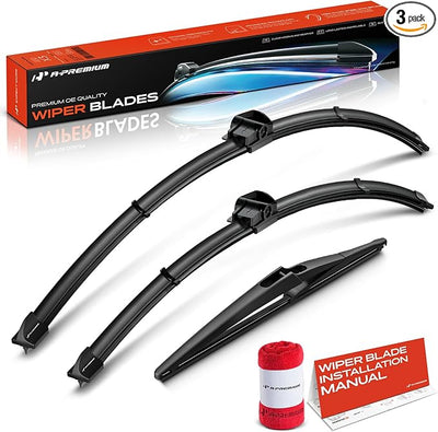 A-Premium 28"+21"+12" Windshield Wiper Blades Compatible with BMW I01 Series i3 2014-2021 - Front Rear Wipers Blade Set, SL/Snap Claw Arm Connector, with Wear Indicator & Towel (Pack of 3)