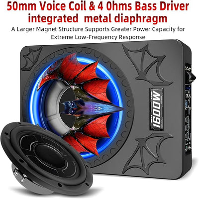1600W 10" Slim Under Seat Subwoofers with Built-in Amp | LED Ambient Light, Deep Bass, Individual Controls (LPF/Gain/Bass Boost), High Output Distortion-Free Audio, Suitable for All Vehicle Models