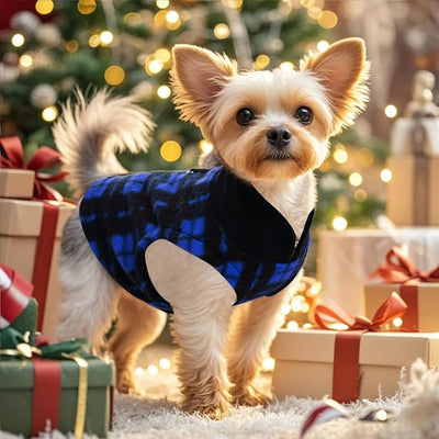 Rbenxia 1 PC Plaid Dog Sweaters with Leash Ring Soft Fleece Vest Dogs Pullover Warm Jacket Pet Dogs Clothes Winter Dog Outfits for Small Puppy Cat Pets (Blue and Black, Large)