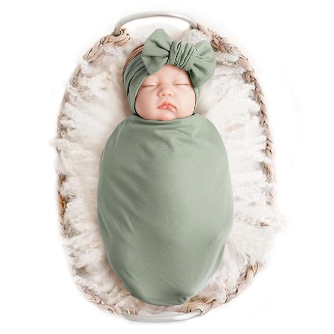 Konssy Baby Girl Newborn Receiving Blanket with Headband Set Baby Swaddle Nursery Swaddle Wrap