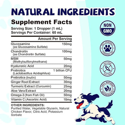 Joint Drops for Dogs with Glucosamine, Chondroitin, MSM & Omega-3 – Pets Liquid Joint Supplement for Dogs & Cats – Hip, Joint, Mobility, Skin & Coat Support – Chicken Flavor 2 Fl Oz