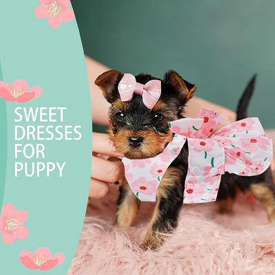 Dog Dress Bowknot Harness Leash Set for Small Girl Dogs Pink Floral Dog Cat Clothes Cute Puppy Outfits Pet Clothes Spring Summer Breathable Dresses(Large)