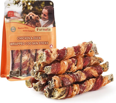 Dog Treats, Chicken Duck Wrapped Cod Skin Sticks for Dogs, Healthy Fish Dog Snacks Rich in Omega 3, Rawhide-Free Long Lasting Dog Jerky Training Treats for Small Medium Large Breeds,10.58 oz