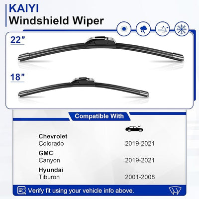 KAIYI 22" + 18" Windshield Wipers Compatible with Chevrolet Colorado 2019-2021, GMC Canyon 2019-2021,Hyundai Tiburon 2001-2008 Premium Automotive Replacement Windshield Wiper Blades 2 Pack